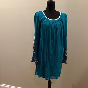 Umgee Teal Long Sleeve Dress with Embroidered Accents